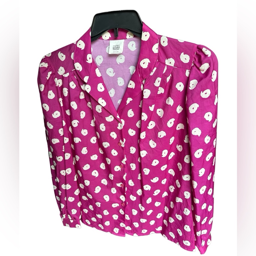 VTG purple ivory irregular dots print puffy long sleeve top